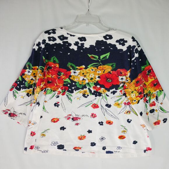 American Sweetheart Size L 3/4 Sleeve Top Bright Floral Print on White - Picture 6 of 11